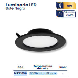 Luminario LED Empotrable para Bote 9W – Luz Fría 6500K, Cuerpo Negro