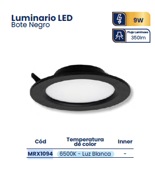 Luminario LED Empotrable para Bote 9W – Luz Fría 6500K, Cuerpo Negro