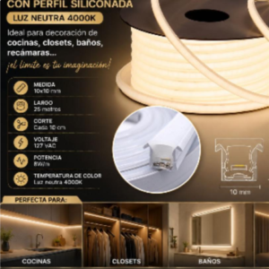 TIRA LED PERFILFLEX 3000K SILICONADO INCRUSTAR 10X10MM ROLLO*25M
