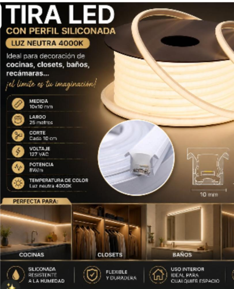 TIRA LED PERFILFLEX 6500K SILICONADO INCRUSTAR 10X10MM ROLLO*25M