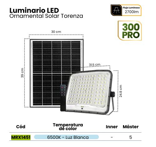 REFLECTOR LED SOLAR CURVE TORENZA 300PRO IP65 HIGH LUMEN CHIP 6500K C/CONTROL