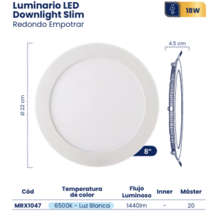 LUMINARIO LED DOWNLIGHT SLIM EMPOTRAR 8" 18W 6500K BLANCO REDONDO