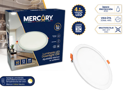 LUMINARIO LED DOWNLIGHT AJUSTABLE 12W CCT BLANCO