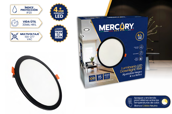 LUMINARIO LED DOWNLIGHT AJUSTABLE 15W 6500K NEGRO