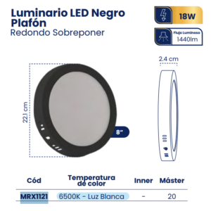 LUMINARIO LED PLAFON SOBREPONER 8" 18W 6500K NEGRO REDONDO