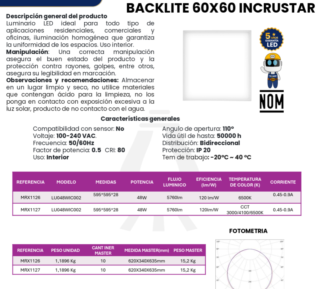 Panel LED 60x60 cm 48W – Luz Fría 6500K (Ideal para Plafón Falso y Oficinas)