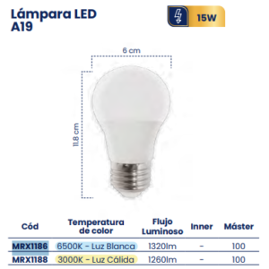 Lámpara LED A19 15W Base E27 – Luz Fría 6500K