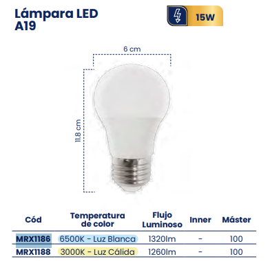 Lámpara LED A19 15W Base E27 – Luz Fría 6500K
