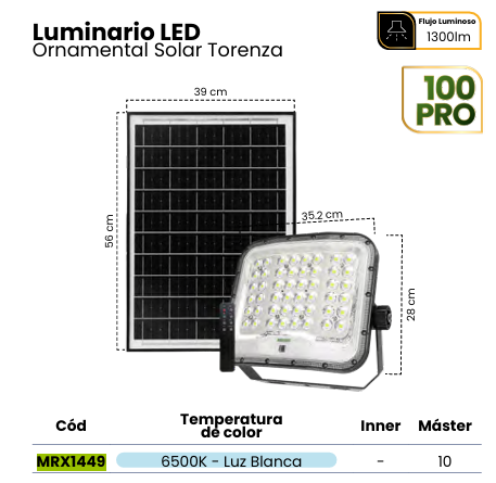 MRX1449 REFLECTOR LED SOLAR CURVE TORENZA 100PRO IP65 HIGH LUMEN CHIP 6500K C/CONTROL