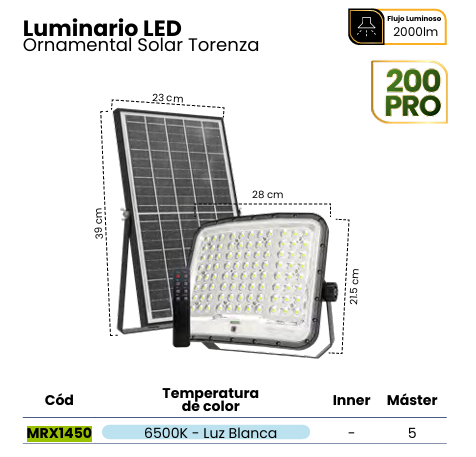 REFLECTOR LED SOLAR CURVE TORENZA 200PRO IP65 HIGH LUMEN CHIP 6500K C/CONTROL