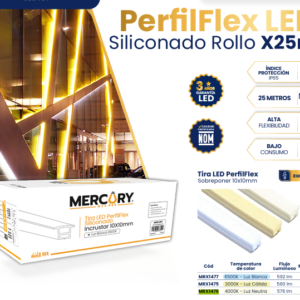 Tira LED Perfilflex Siliconado Sobreponer 10x10mm – 6500K (Rollo de 25 Metros)