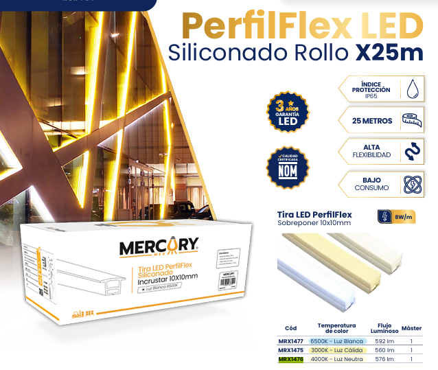 Tira LED Perfilflex Siliconado Sobreponer 10x10mm – 6500K (Rollo de 25 Metros)