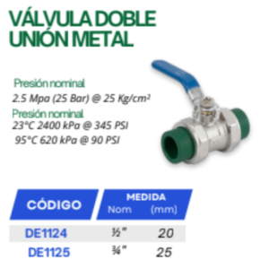 Válvula De Esfera Bola Doble Unión Metálica 3/4 Pulgada PPR