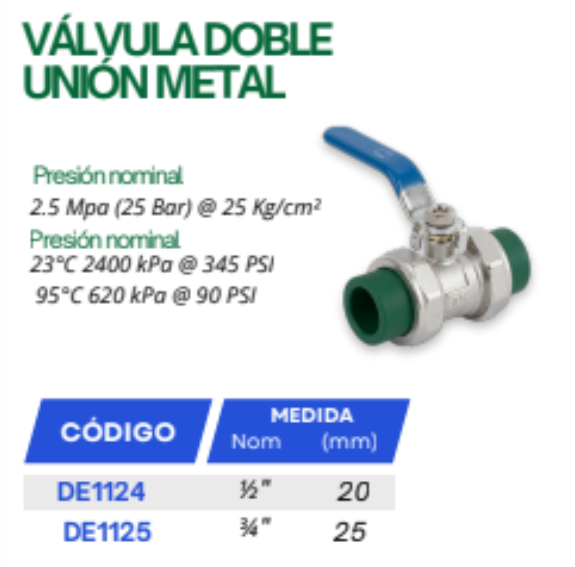Válvula De Esfera Bola Doble Unión Metálica 3/4 Pulgada PPR
