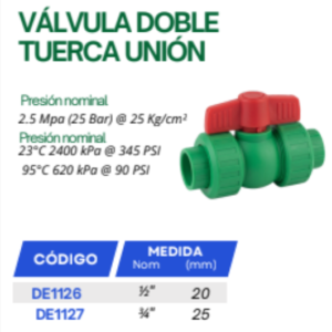 Válvula De Esfera Doble Unión 3/4 Pulgada PPR Termofusión