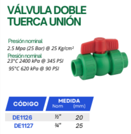 Válvula De Esfera Doble Unión 3/4 Pulgada PPR Termofusión